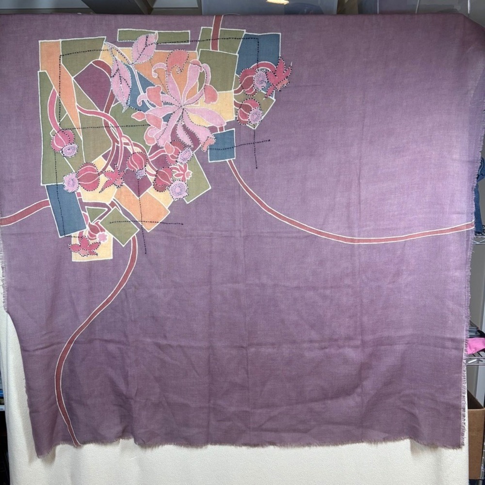 Hand Dyed/Painted‎ Scarf 50x52 Purple Geometric Floral Embroidery Art to Wear